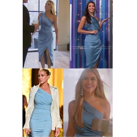 *NWT ELLIATT 70s Satin Sleeveless 1 Shoulder Ruched Faux Wrap Asymmetric Dress M - Picture 16 of 16